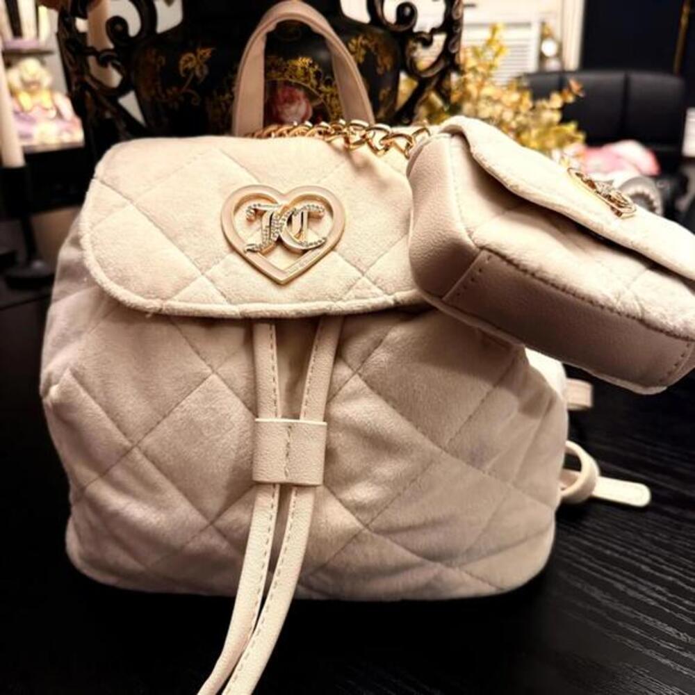 Juicy Couture Velour Backpack 2-in-1 Cream Crystal Heart Logo Bag NWT